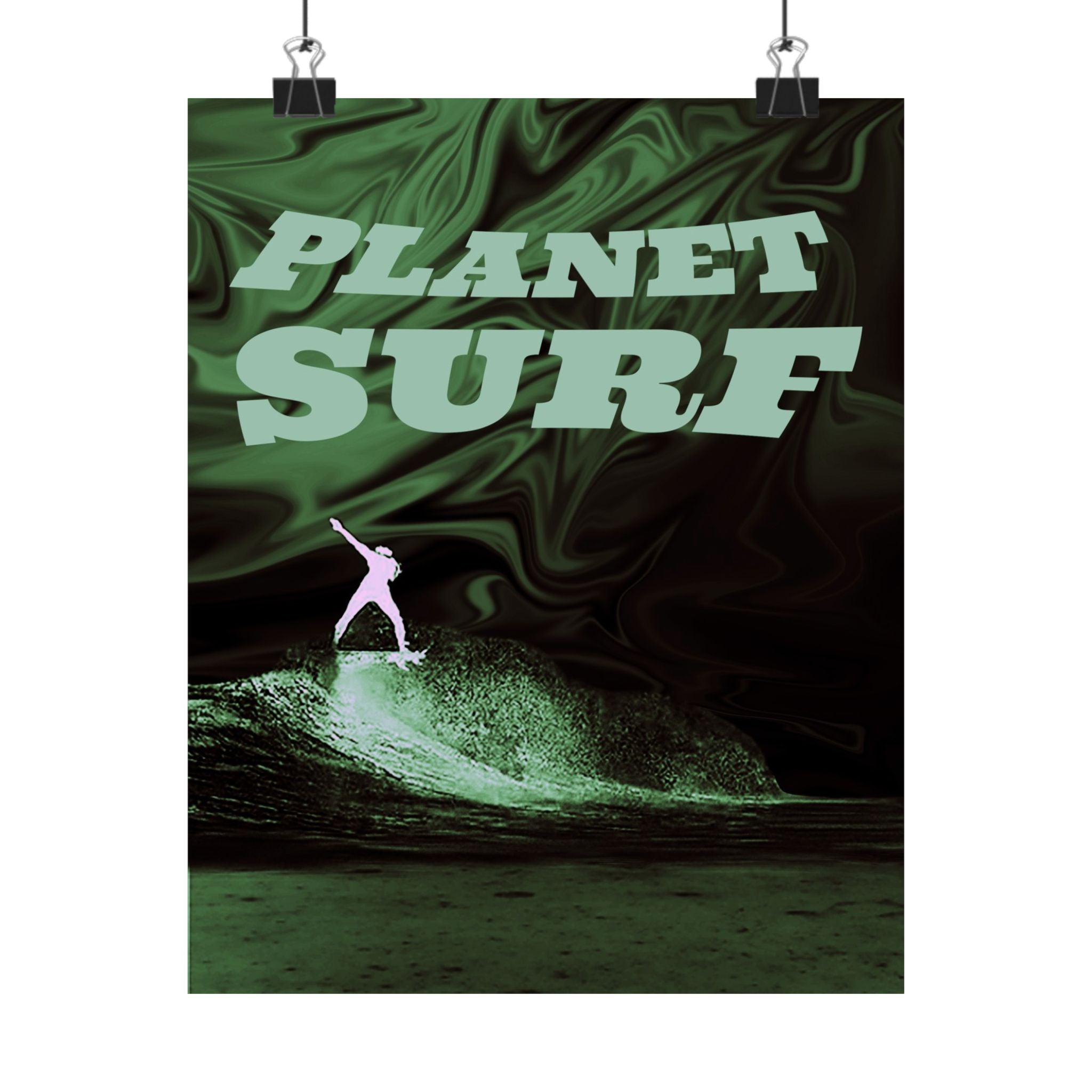 Planet Surf Matte Poster — Retro Green Surfing Wall Art