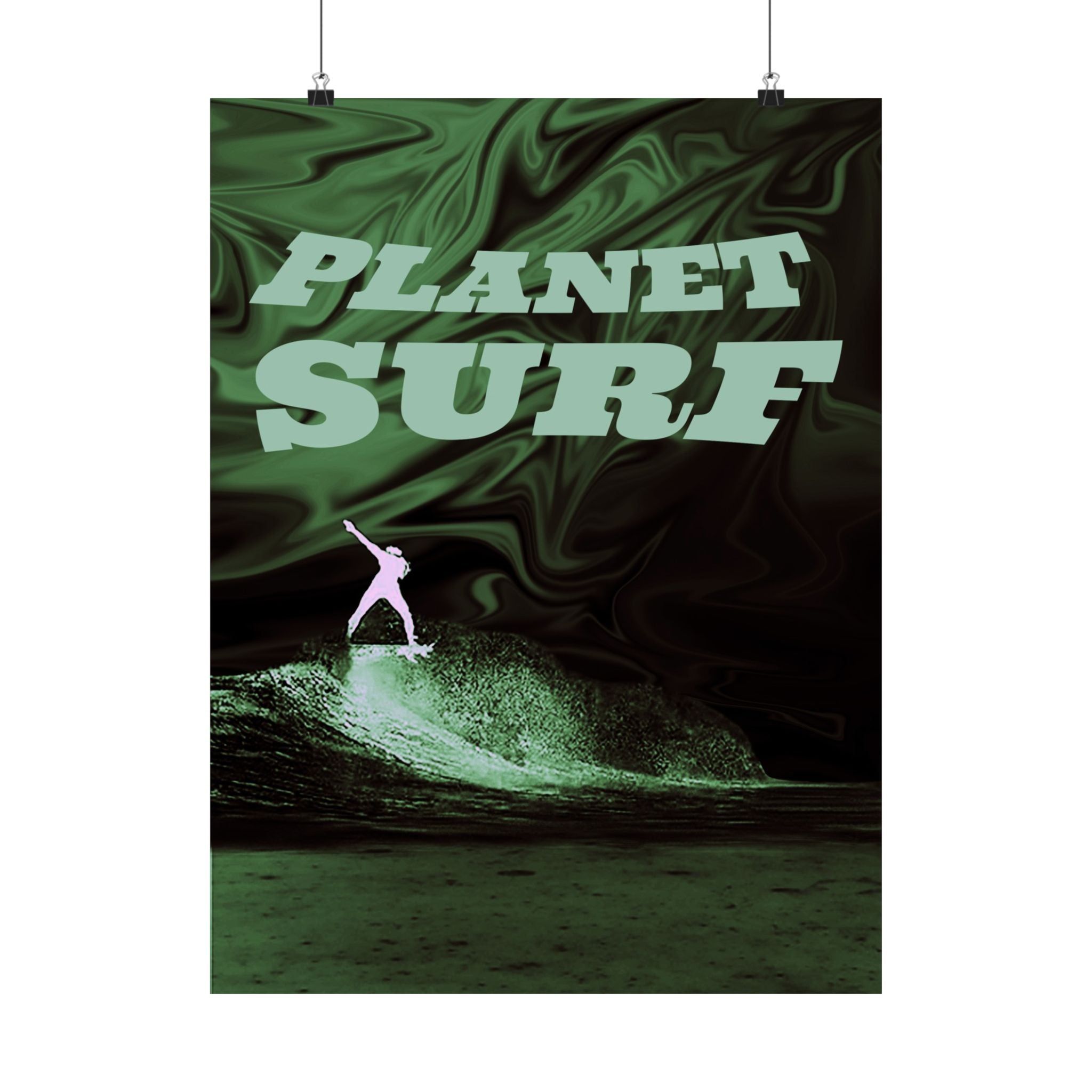 Planet Surf Matte Poster — Retro Green Surfing Wall Art