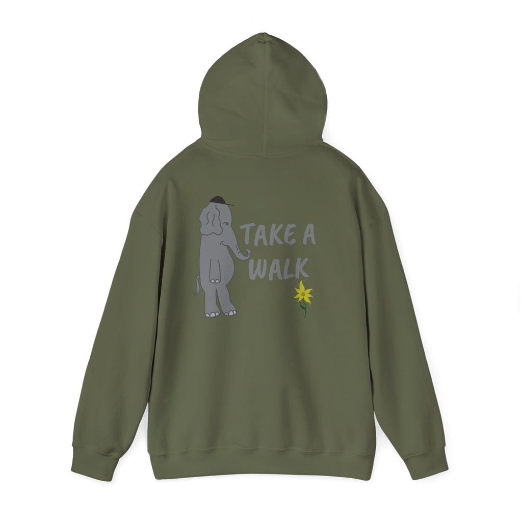Take a Walk Hoodie – Cozy Elephant & Dandelion Graphic Hooded Sweatshirt