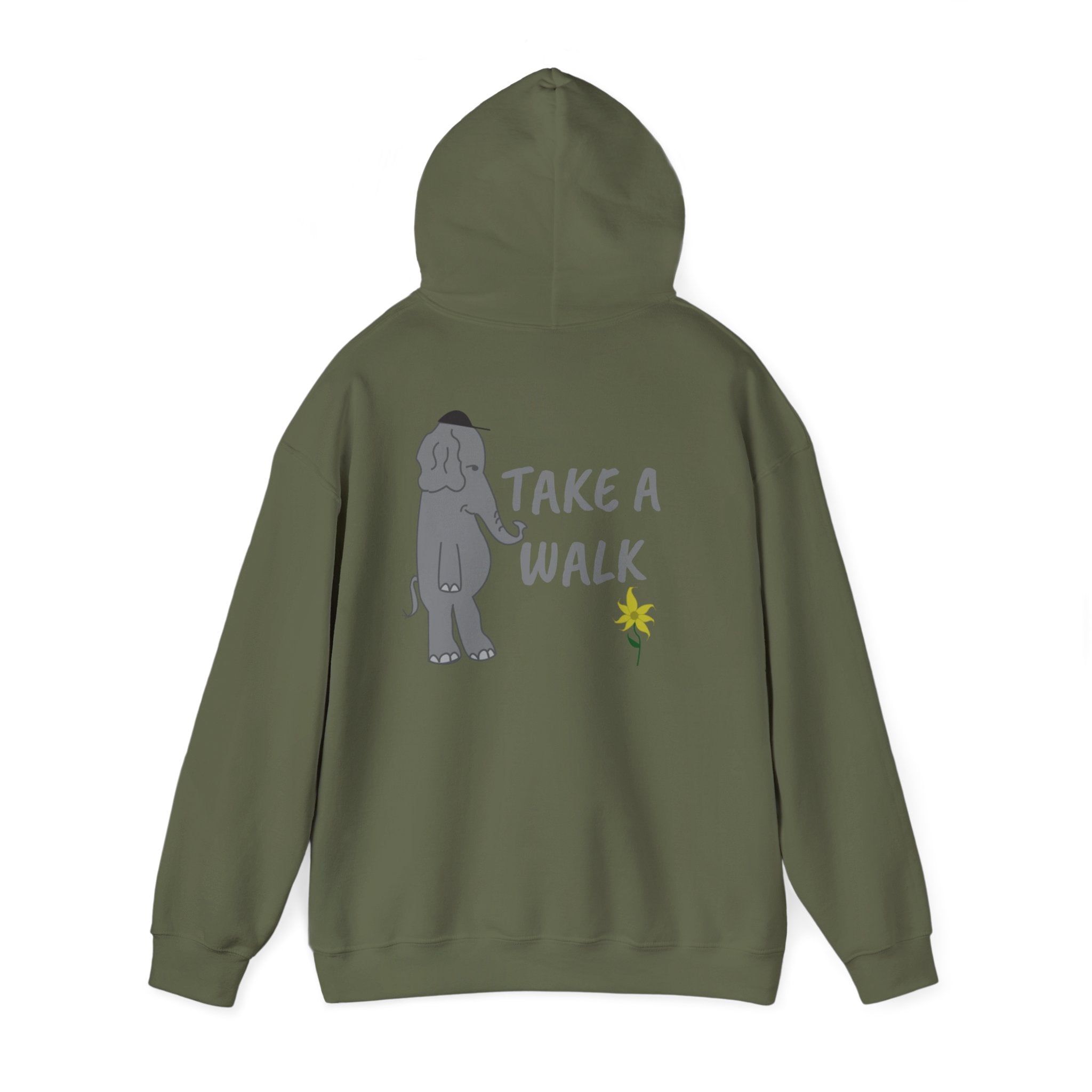 Take a Walk Hoodie – Cozy Elephant & Dandelion Graphic Hooded Sweatshirt