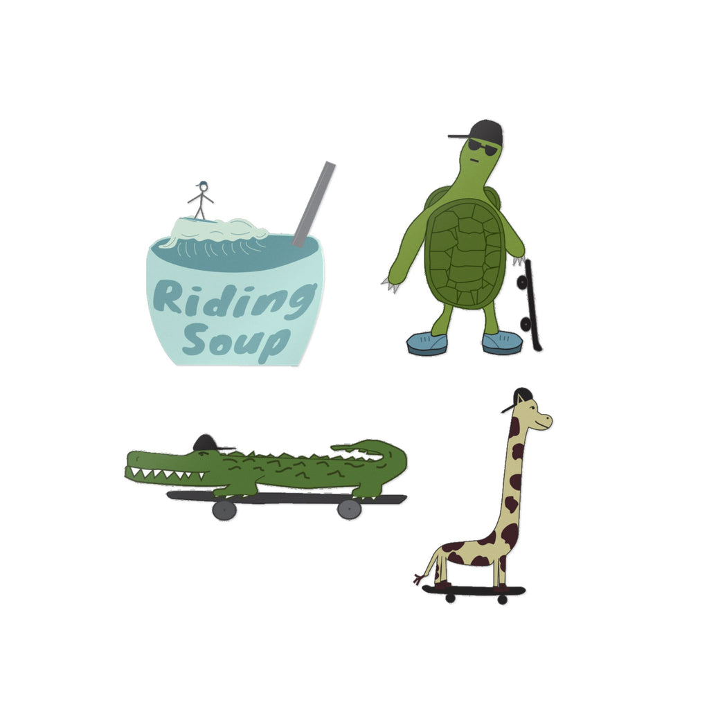 Riding Soup Animal Skateboard Die-Cut Stickers — Turtle, Giraffe, Croc & Soup Bowl Pack