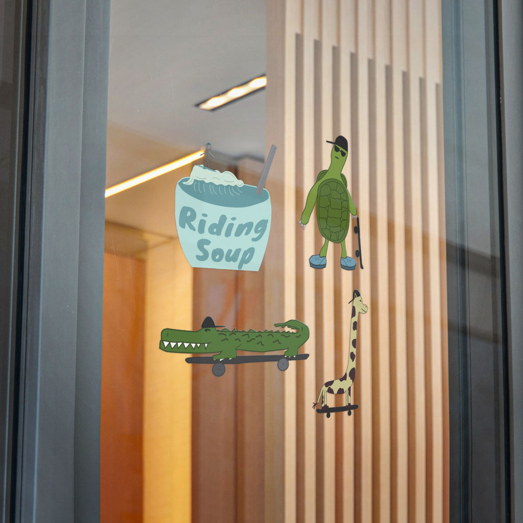 Riding Soup Animal Skateboard Die-Cut Stickers — Turtle, Giraffe, Croc & Soup Bowl Pack