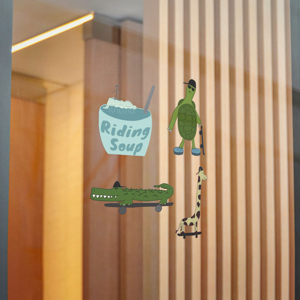 Riding Soup Animal Skateboard Die-Cut Stickers — Turtle, Giraffe, Croc & Soup Bowl Pack