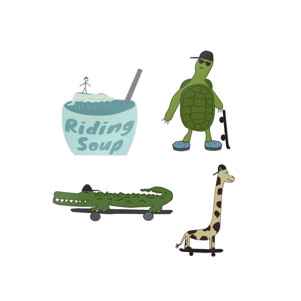 Riding Soup Animal Skateboard Die-Cut Stickers — Turtle, Giraffe, Croc & Soup Bowl Pack